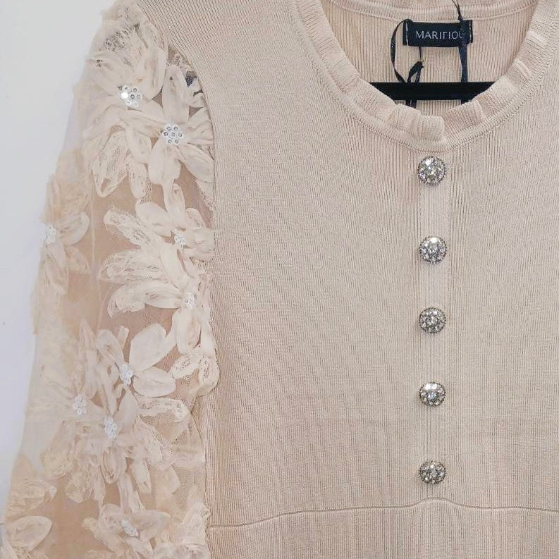 Latte Beige knit midi dress with sheer floral lace sleeves and crystal buttons - detail view