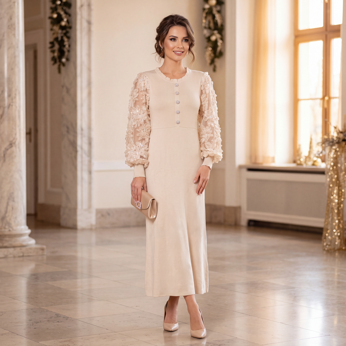 Latte Beige knit midi dress with sheer floral lace sleeves and crystal buttons by MARIΓIOU