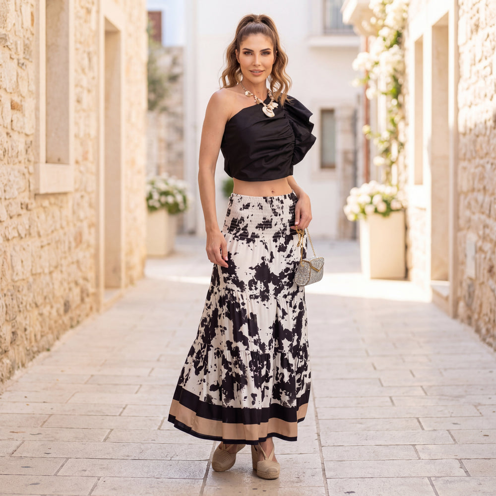 MARIΓIOÚ black beige abstract animal print maxi skirt summer outfit