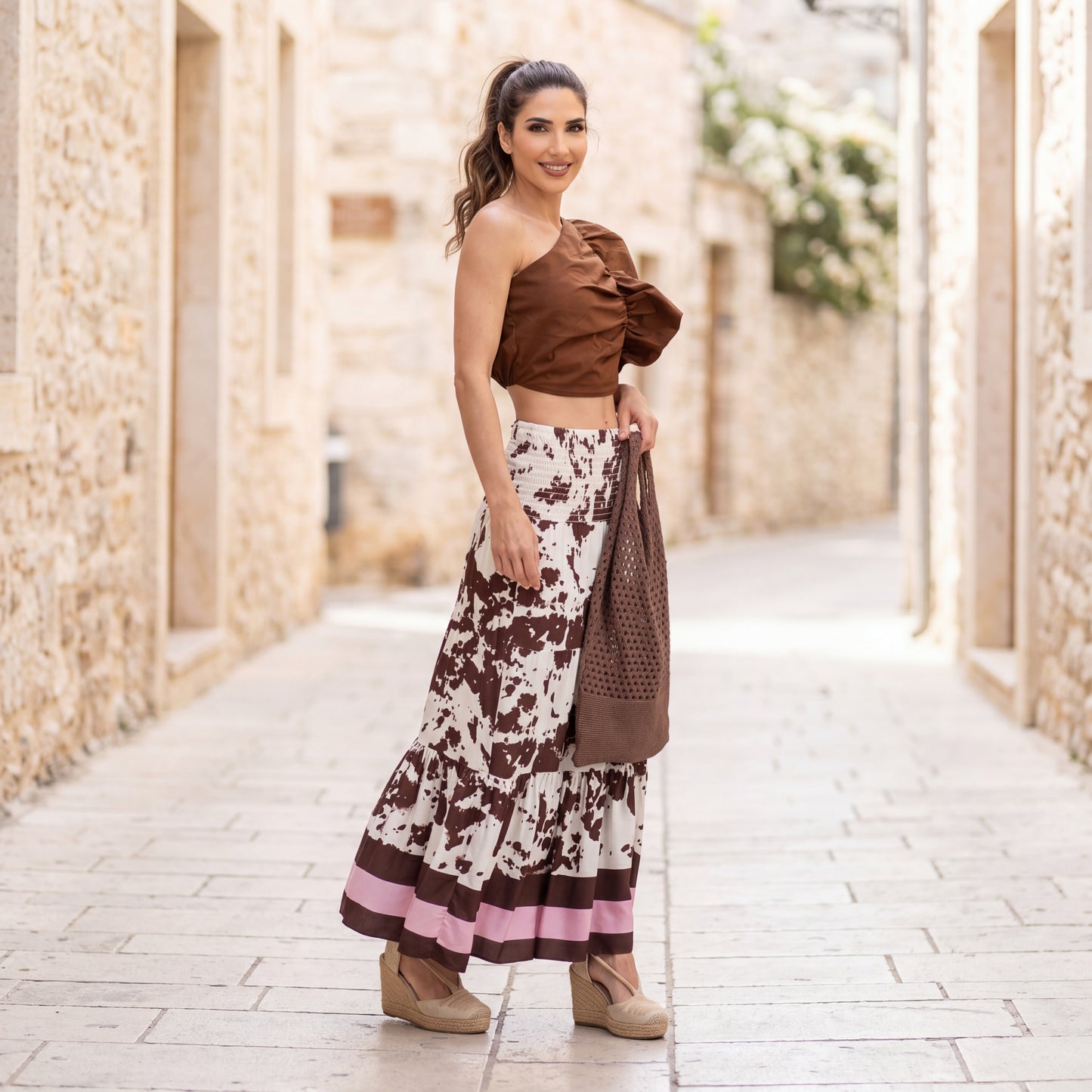 MARIΓIOÚ brown rose abstract animal print maxi skirt summer outfit