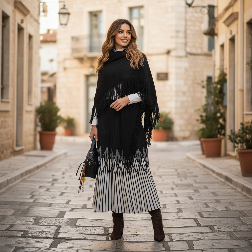 Black fringed shawl styled for everyday wear