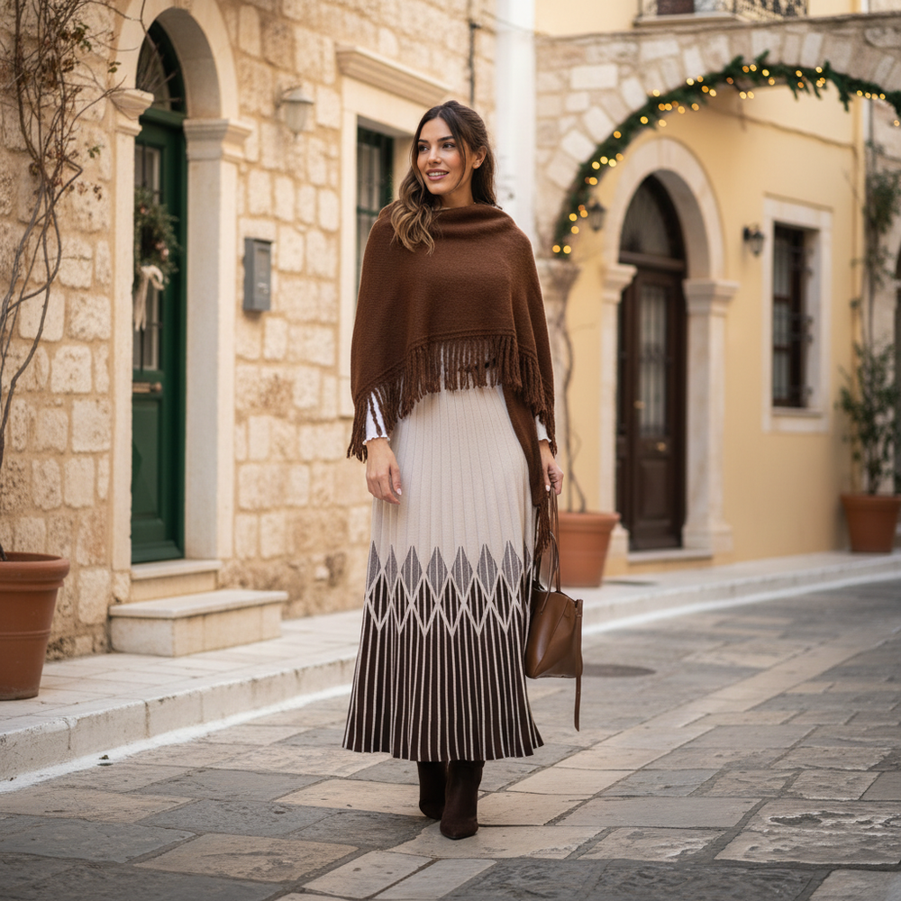 Chocolate fringed shawl styled with midi skirt