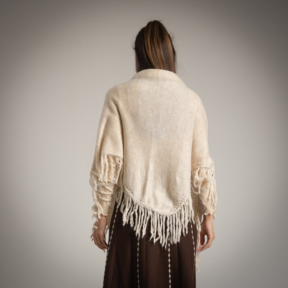 Creme fringed knit shawl – back view