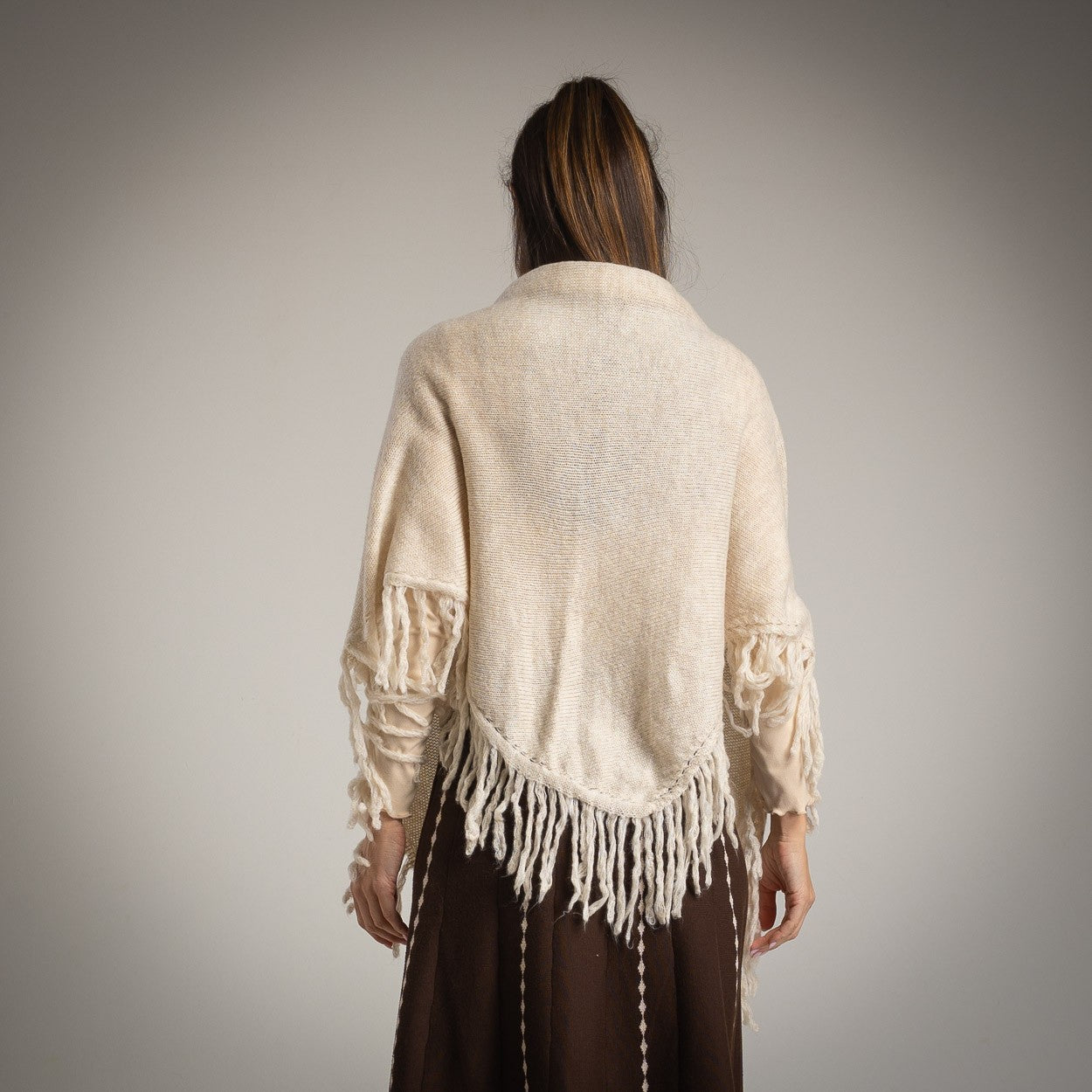 Creme fringed knit shawl – back view