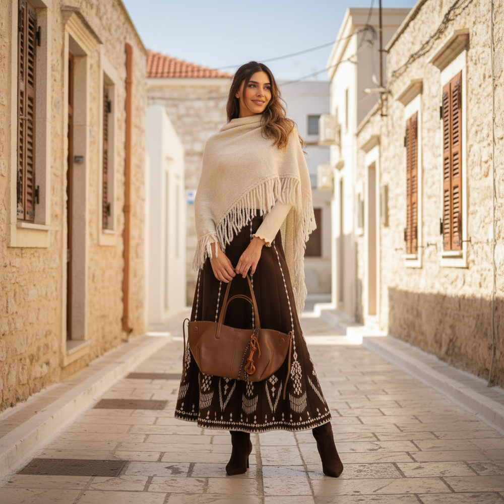 Creme fringed shawl styled in street setting