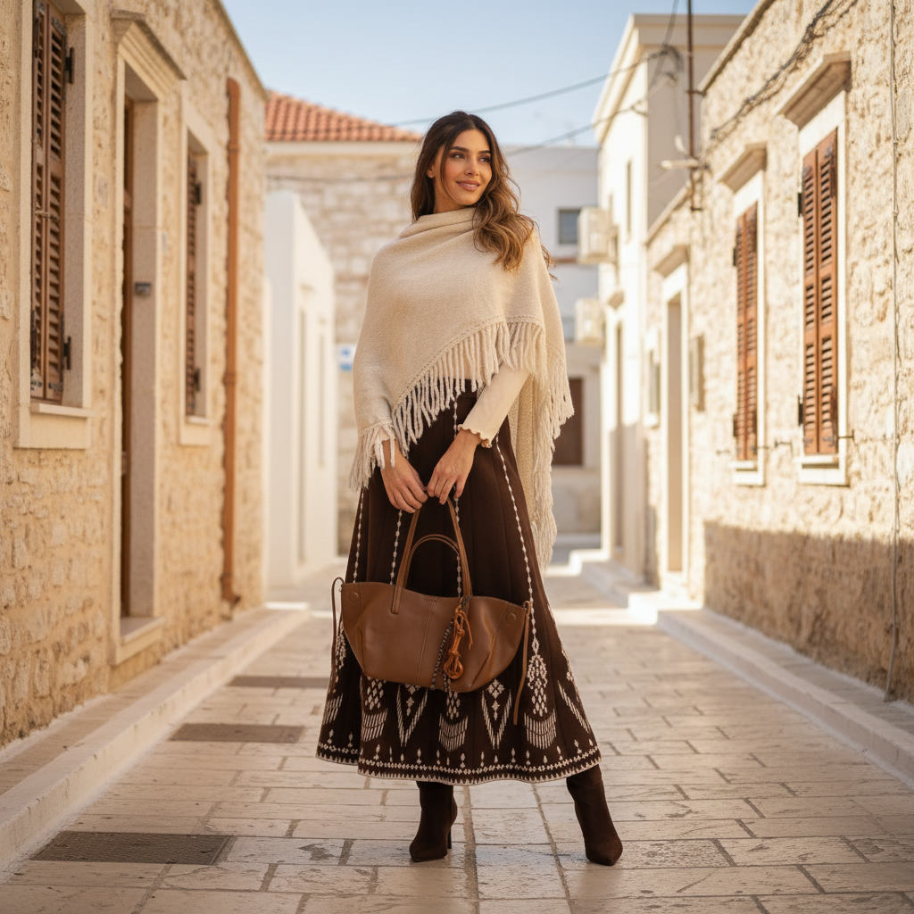 Creme fringed shawl styled in street setting