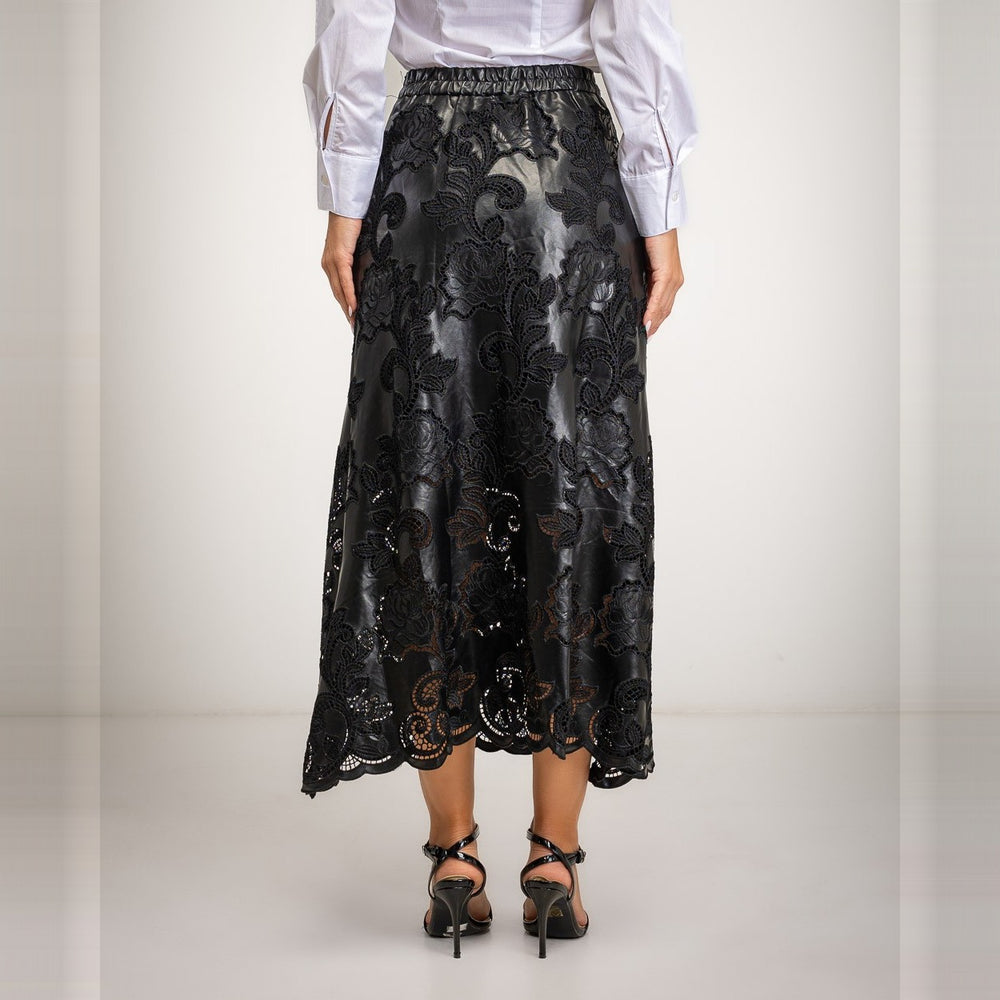 Black laser-cut floral faux leather midi skirt with scalloped hem - back view