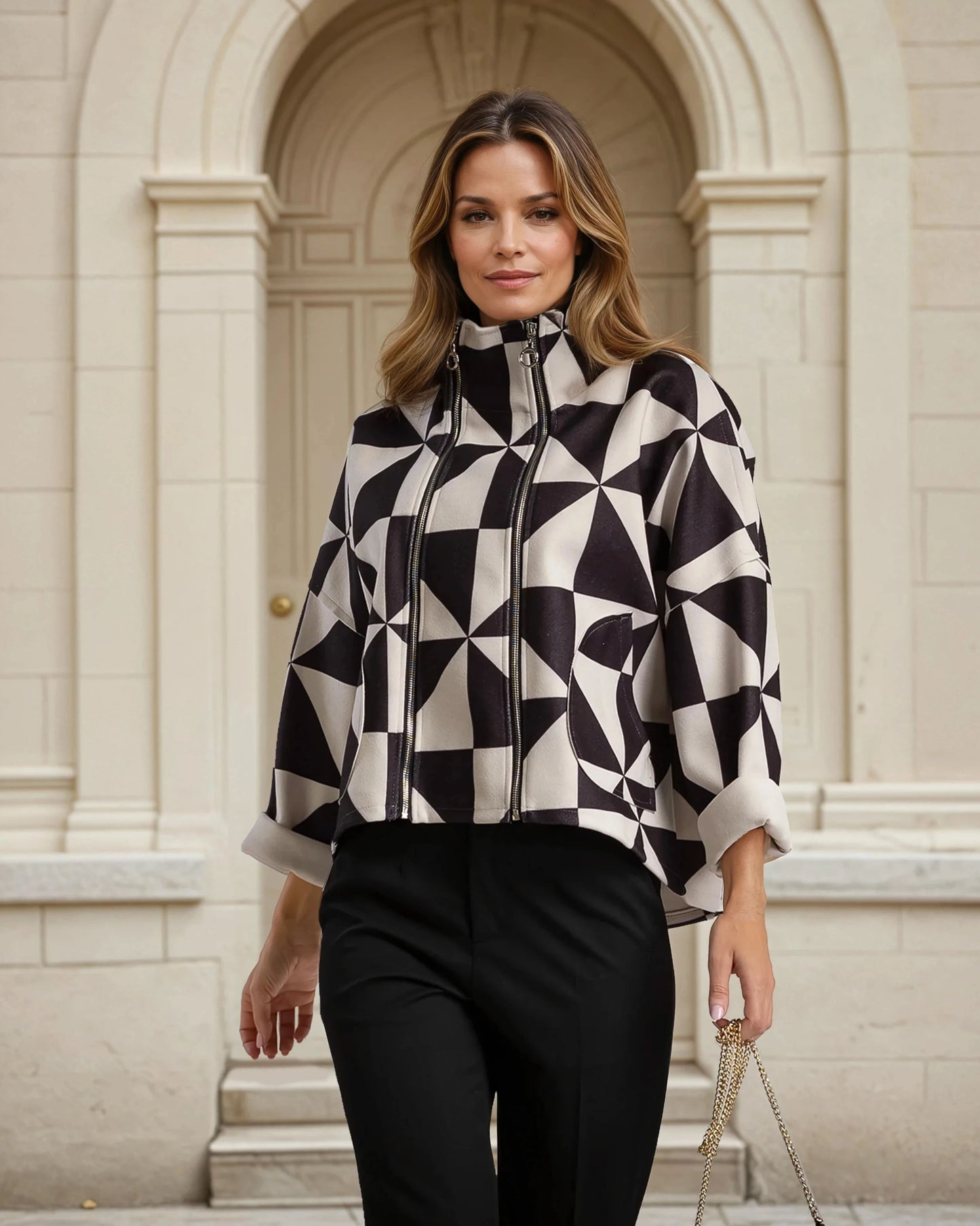 MARIΓIOÚ geometric print jacket with double zipper front view