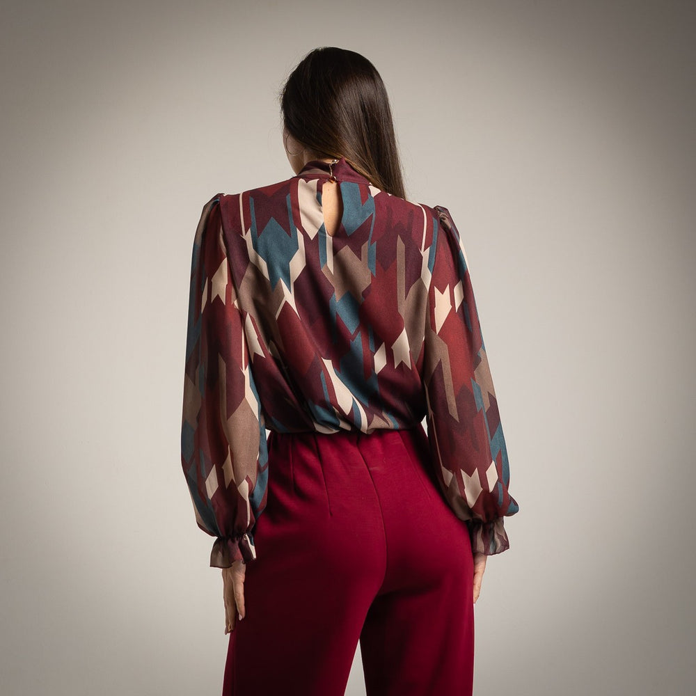 Granate Bordeaux geometric print chiffon blouse with tie-neck bow and balloon sleeves - back view