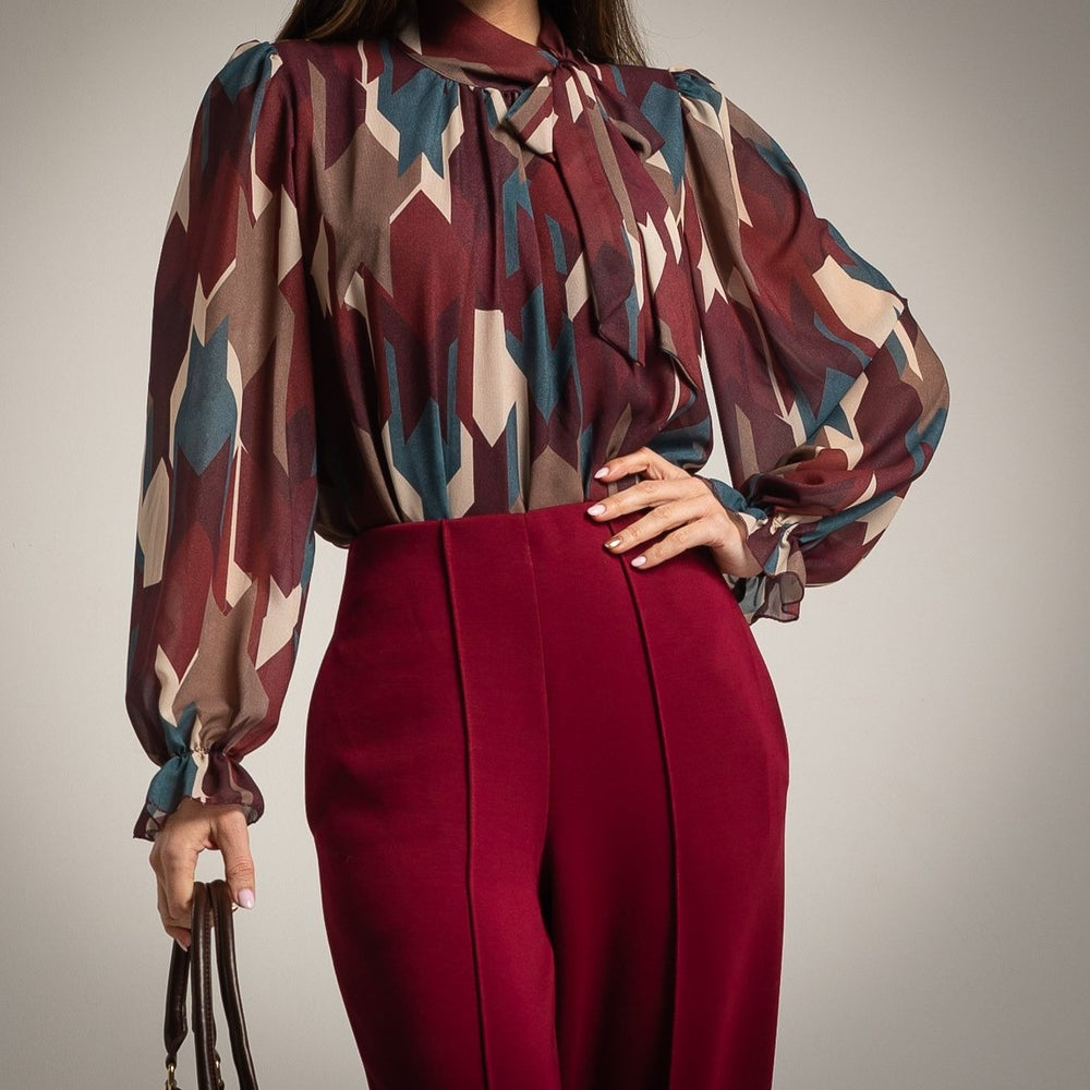 Granate Bordeaux geometric print chiffon blouse with tie-neck bow and balloon sleeves - front view