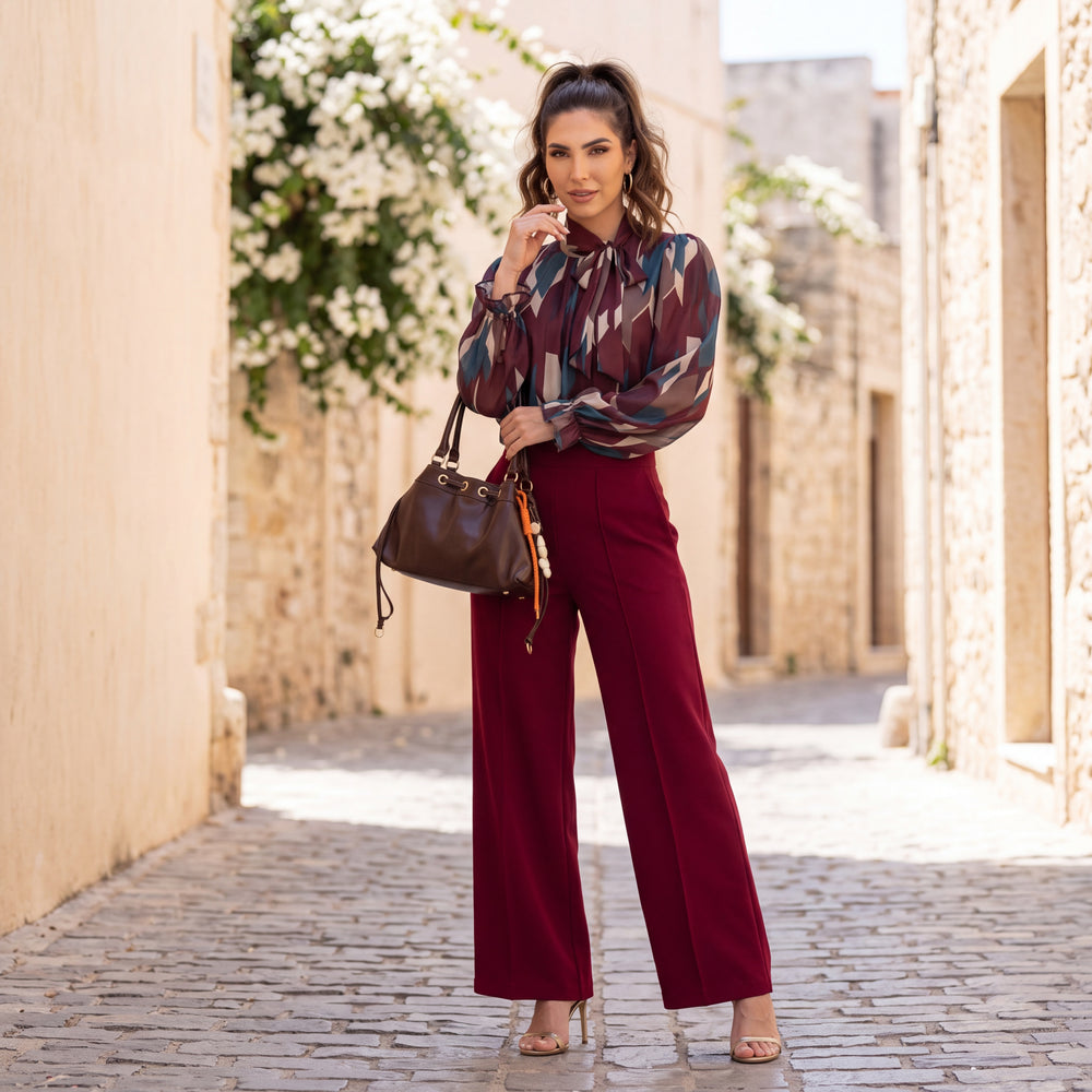 Granate Bordeaux geometric print chiffon blouse with tie-neck bow and balloon sleeves by MARIΓIOU
