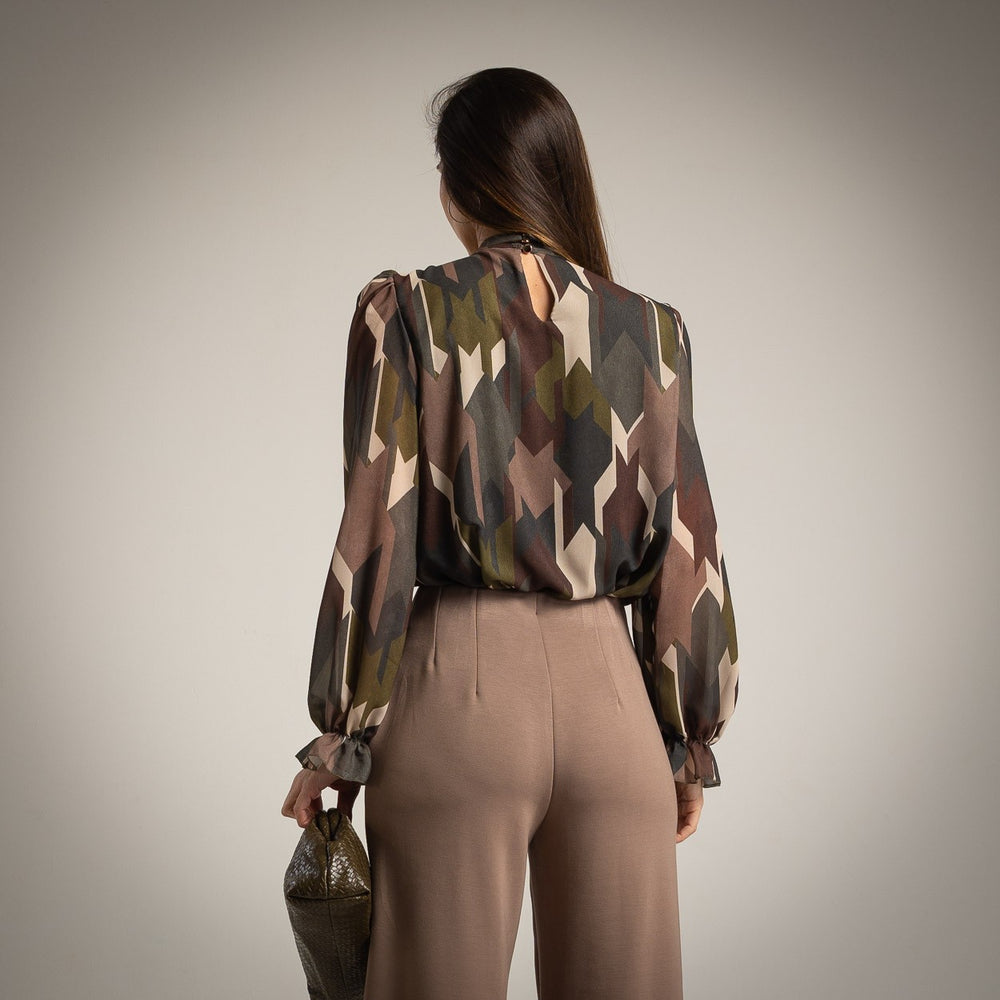 Olive Grove geometric print chiffon blouse with tie-neck bow and balloon sleeves - back view