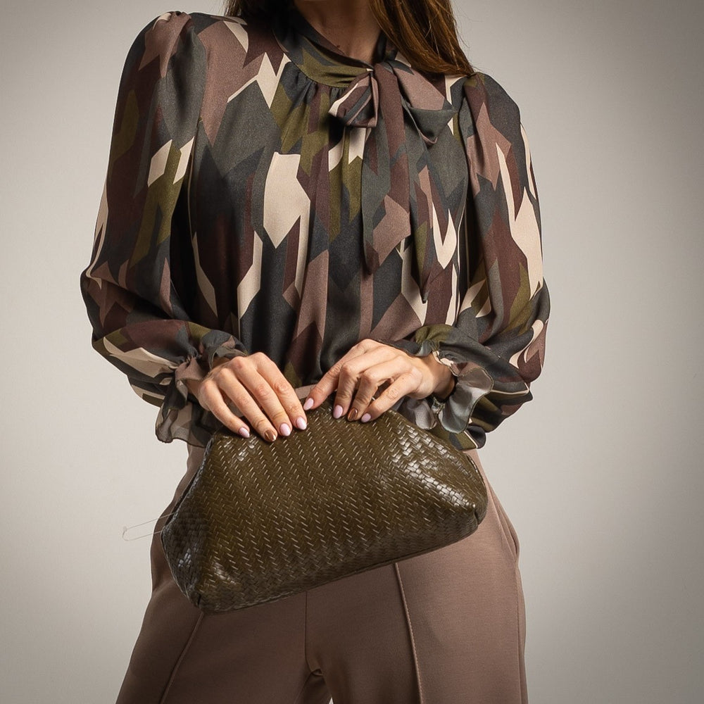 Olive Grove geometric print chiffon blouse with tie-neck bow and balloon sleeves - front view