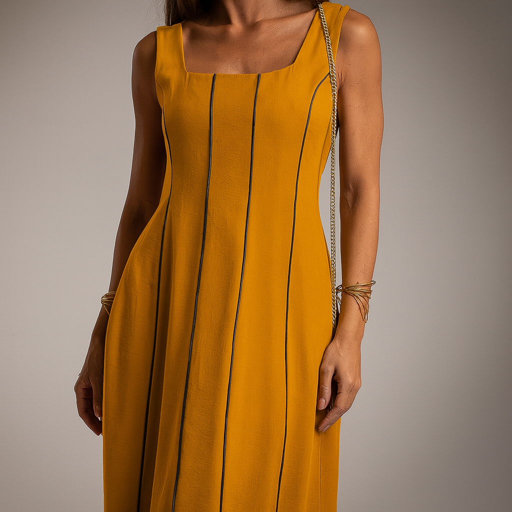 Golden Amber midi dress with square neckline and sophisticated black contrast piping