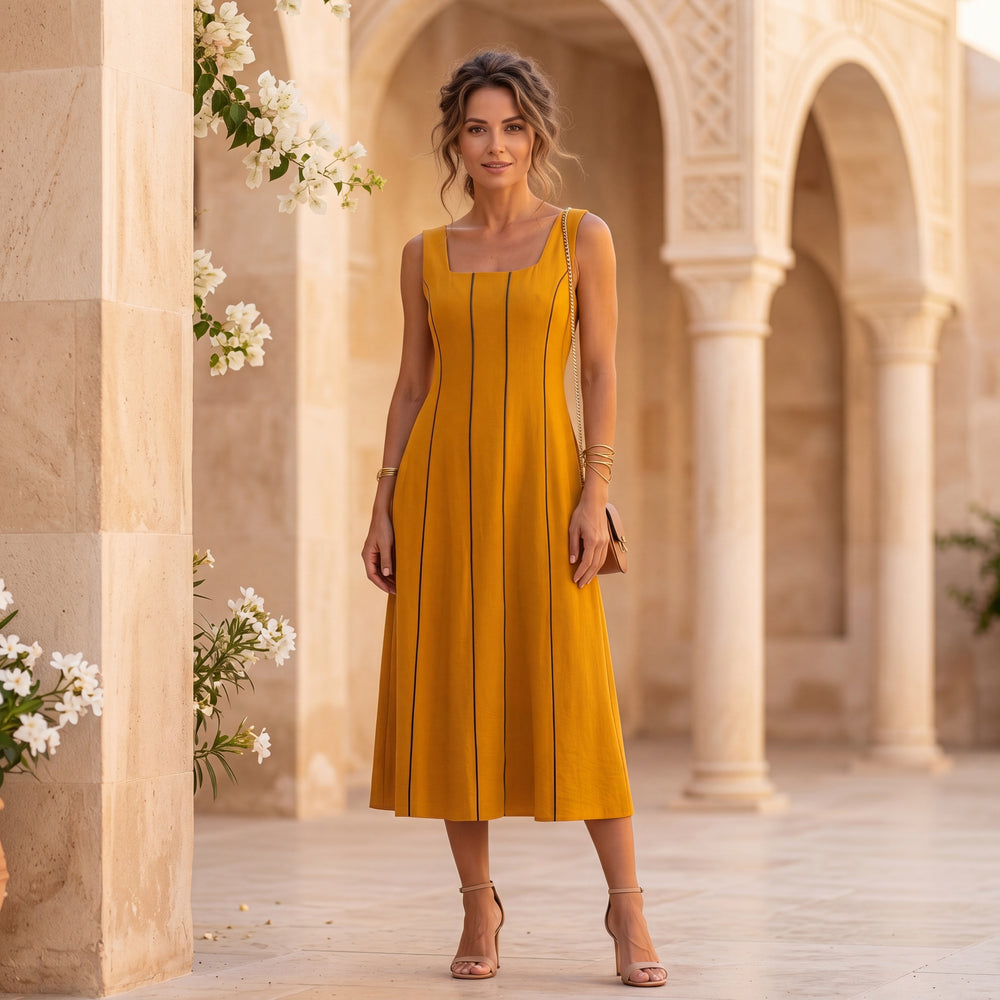 Woman wearing a Golden Amber midi dress with contrast piping in a luxury Mediterranean setting