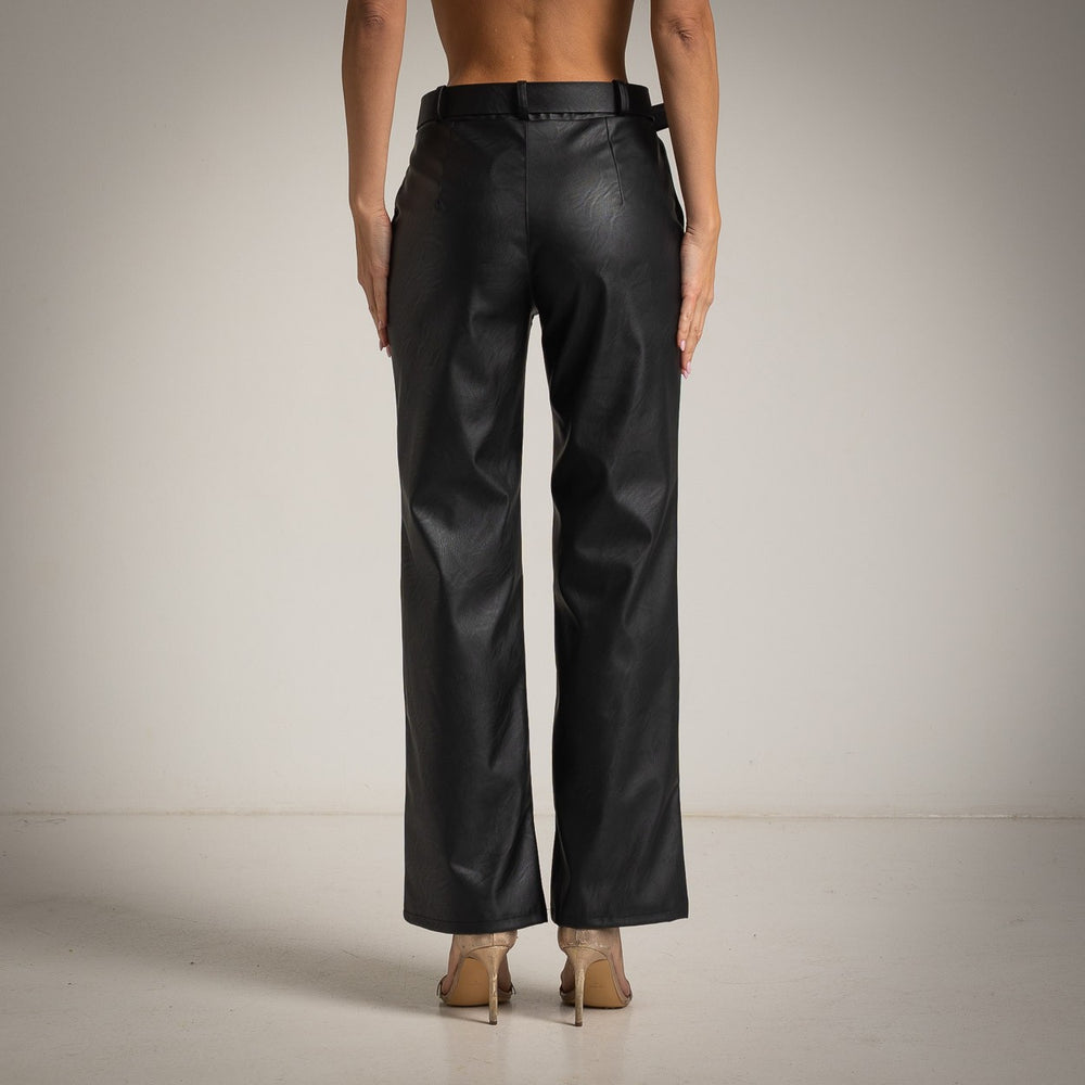 Black faux leather straight-leg pants with belt - back view