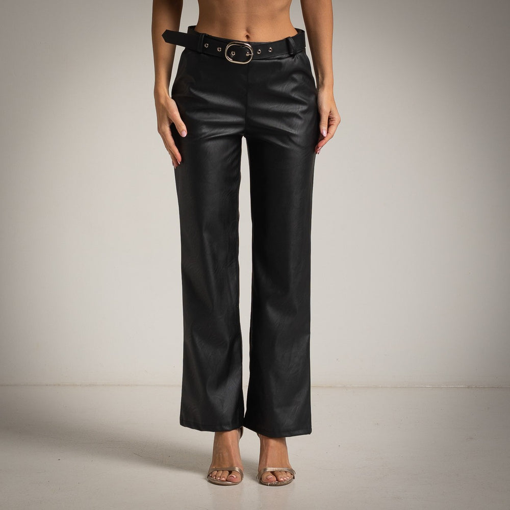 Black faux leather straight-leg pants with belt - front view