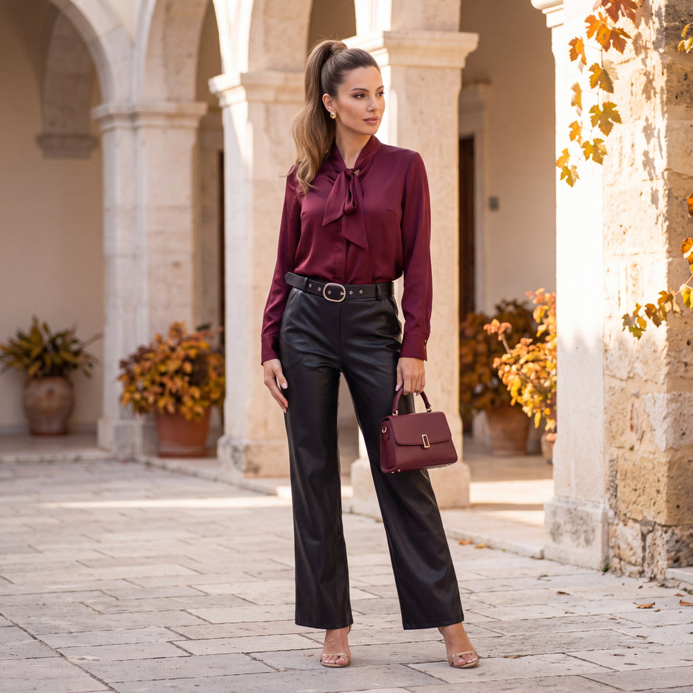 Black faux leather straight-leg pants with belt by MARIΓIOU