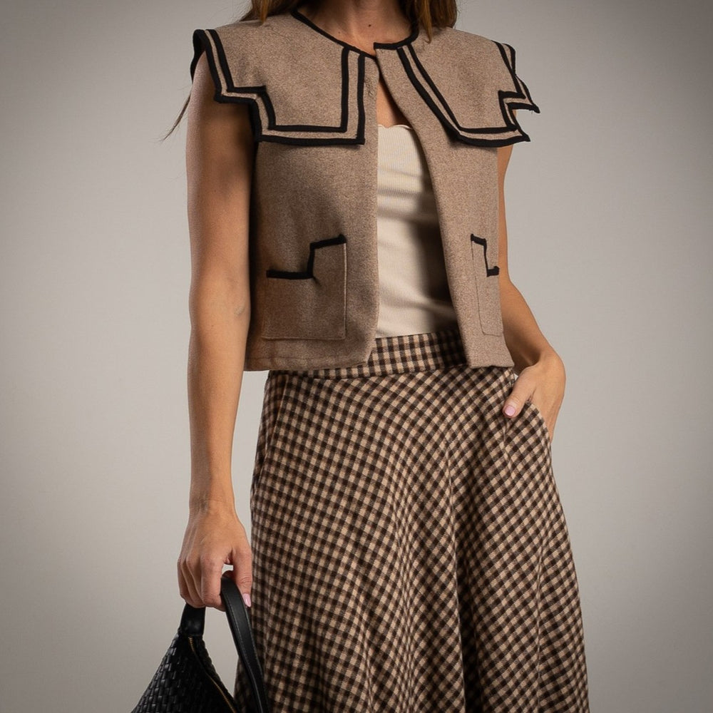 Hazel wool vest in taupe with statement collar and contrast trim