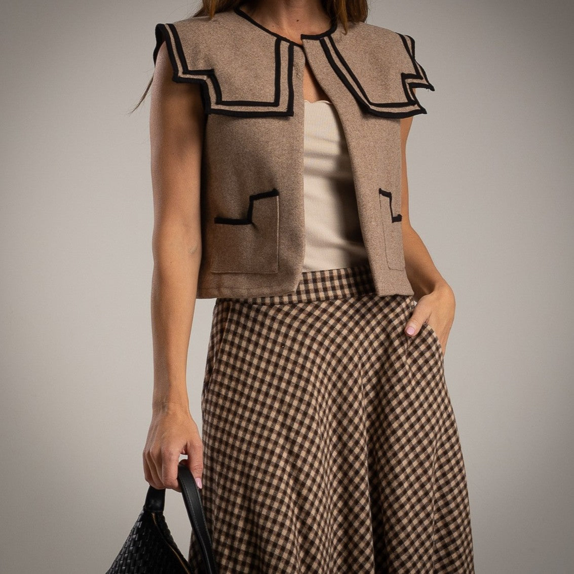 Hazel wool vest in taupe with statement collar and contrast trim