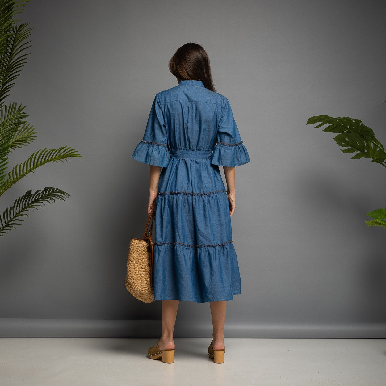 Denim Blue denim midi dress with tiered skirt, ruffled sleeves and tie belt - back view