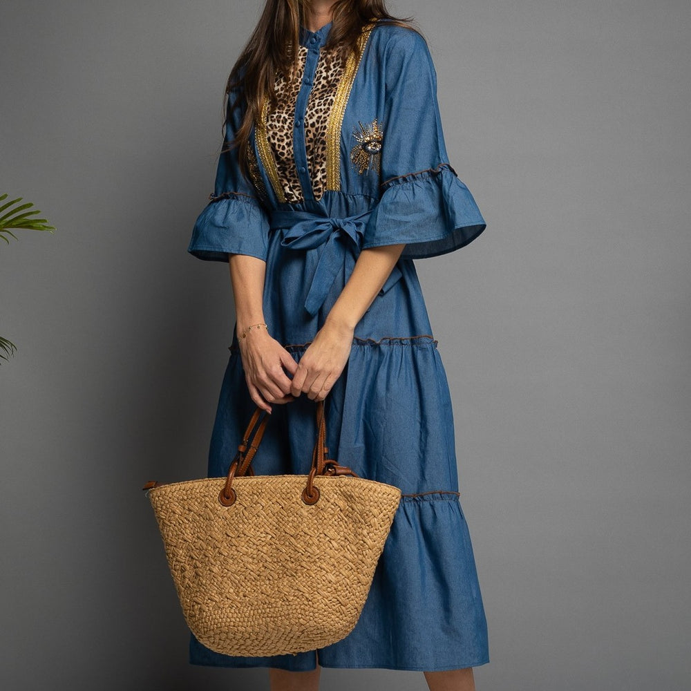 Denim Blue denim midi dress with tiered skirt, ruffled sleeves and tie belt - front view
