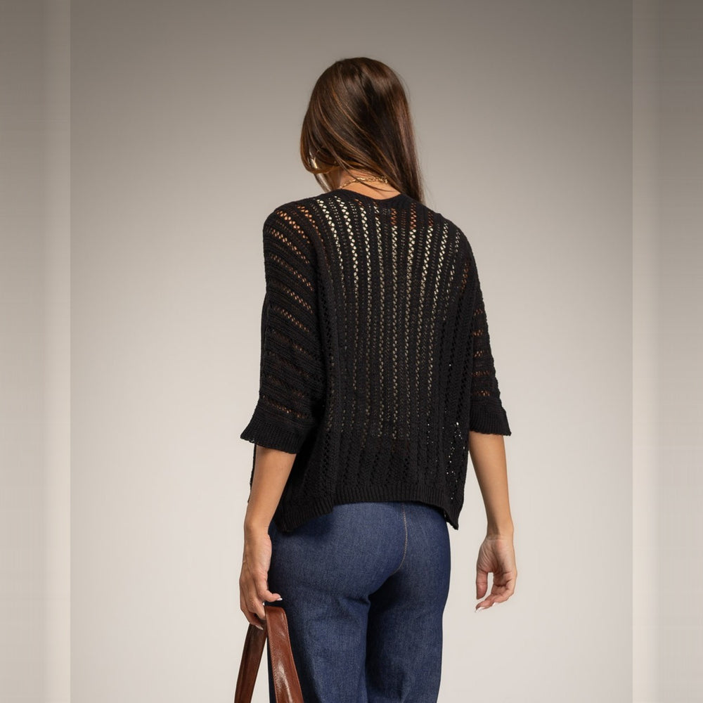 Black open pointelle knit cardigan with three-quarter sleeves - back view