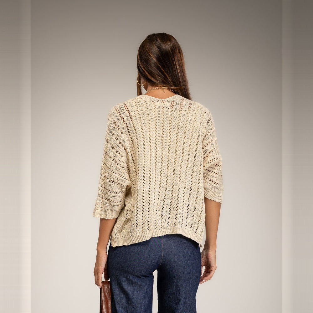 Latte Beige open pointelle knit cardigan with three-quarter sleeves - back view