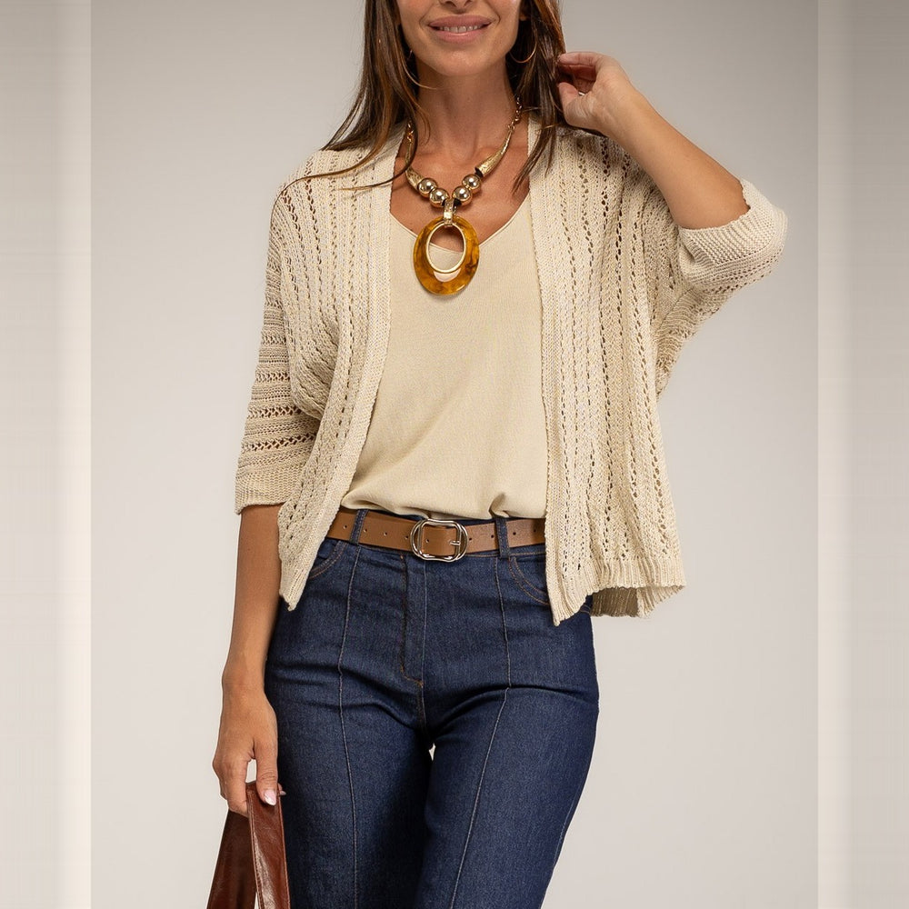 Latte Beige open pointelle knit cardigan with three-quarter sleeves - front view