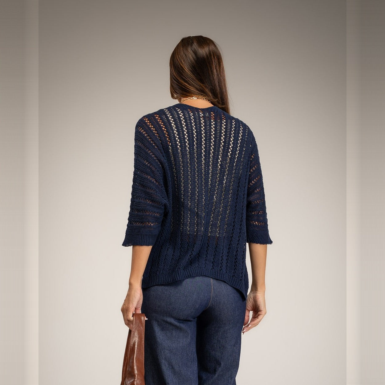 Midnight Blue open pointelle knit cardigan with three-quarter sleeves - back view