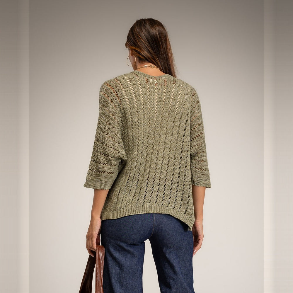 Olive Grove open pointelle knit cardigan with three-quarter sleeves - back view