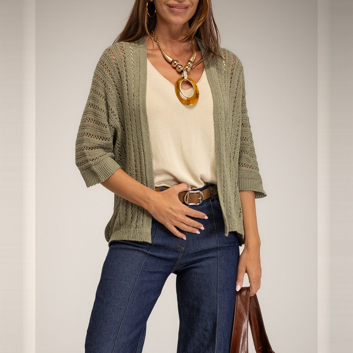 Olive Grove open pointelle knit cardigan with three-quarter sleeves - front view