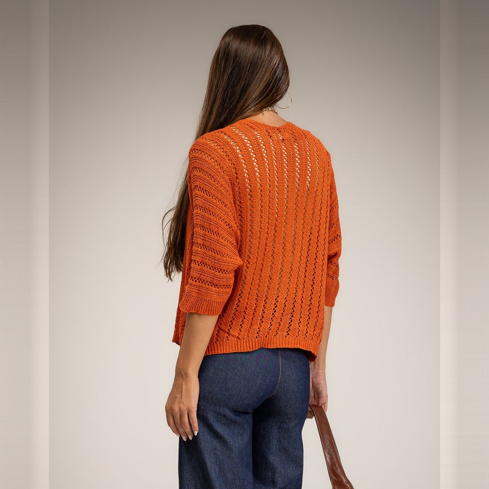 Teja open pointelle knit cardigan with three-quarter sleeves - back view