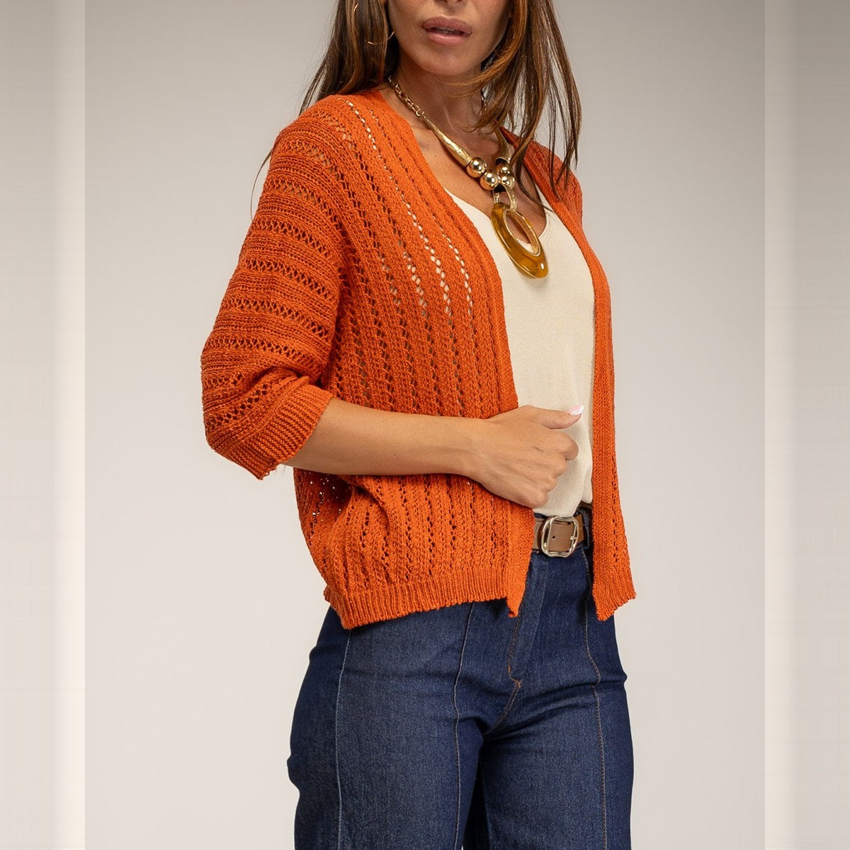 Teja open pointelle knit cardigan with three-quarter sleeves - front view