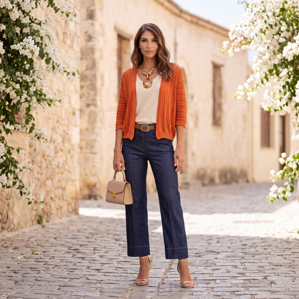 Teja open pointelle knit cardigan with three-quarter sleeves by MARIΓIOU