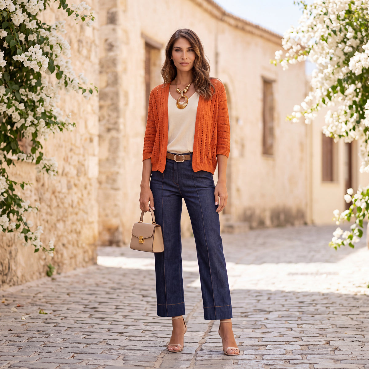 Teja open pointelle knit cardigan with three-quarter sleeves by MARIΓIOU