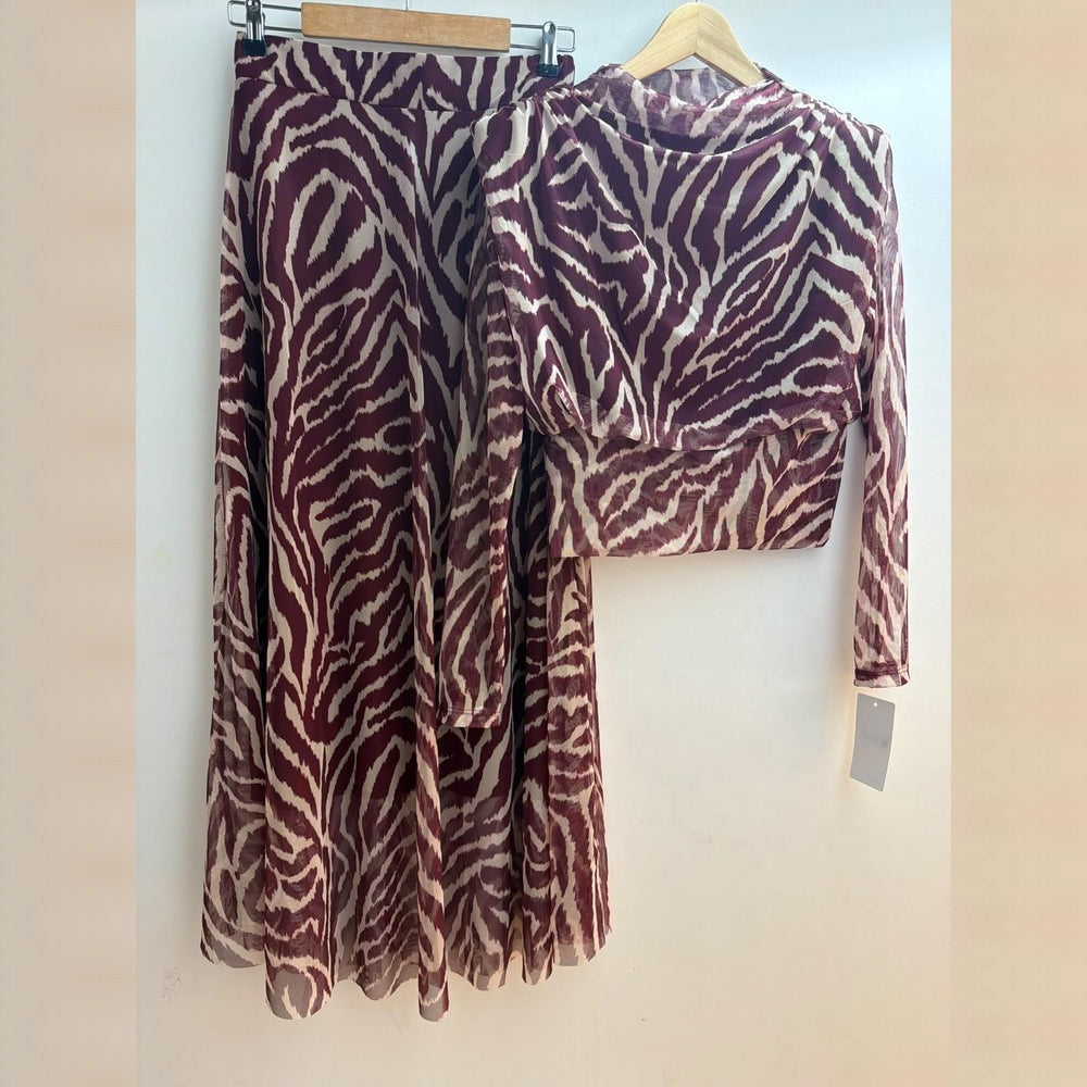 Velvet Cherry animal print tulle two-piece set with cropped long-sleeve top and flowing skirt - front view