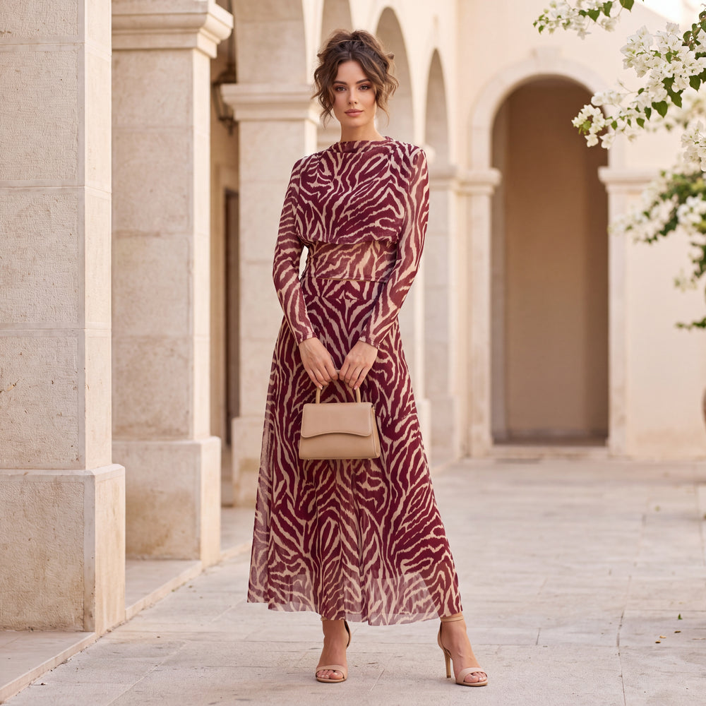 Velvet Cherry animal print tulle two-piece set with cropped long-sleeve top and flowing skirt by MARIΓIOU