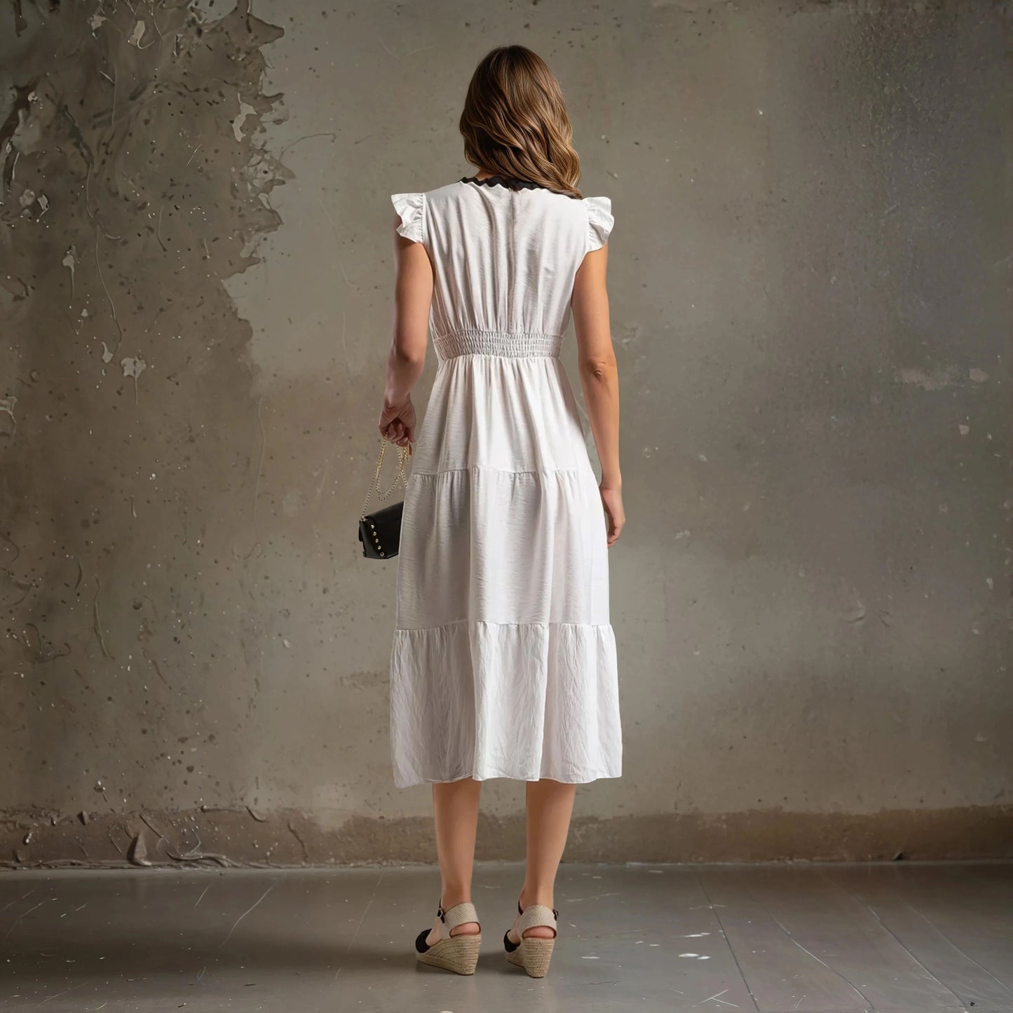 Back view of tiered white summer dress with elastic shirred waist detail