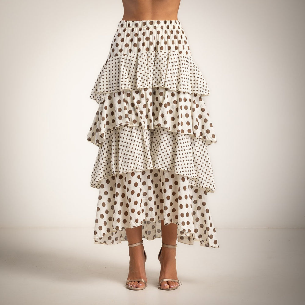 Ivory white and chocolate polka dots layered maxi skirt with flowing tiered silhouette