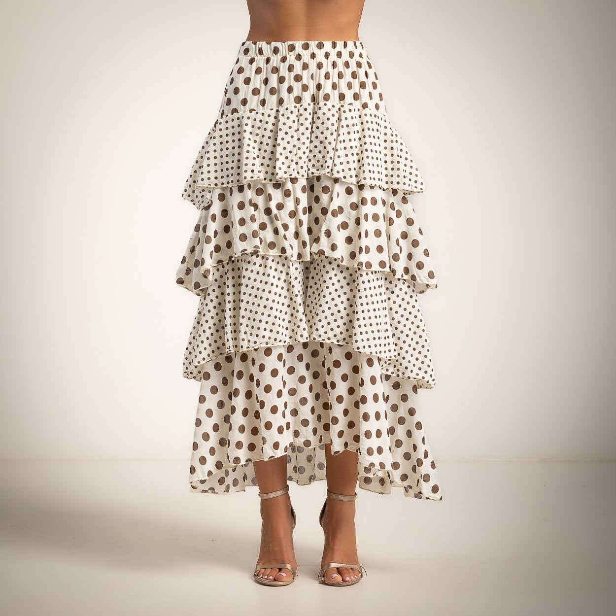 Ivory white and chocolate polka dots layered maxi skirt with flowing tiered silhouette
