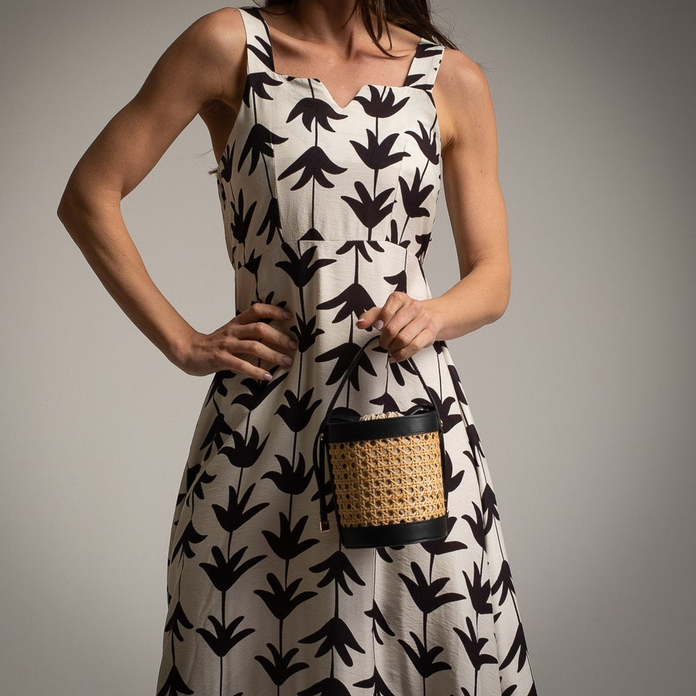 marigiou ivory white black midi dress with floral print front detail