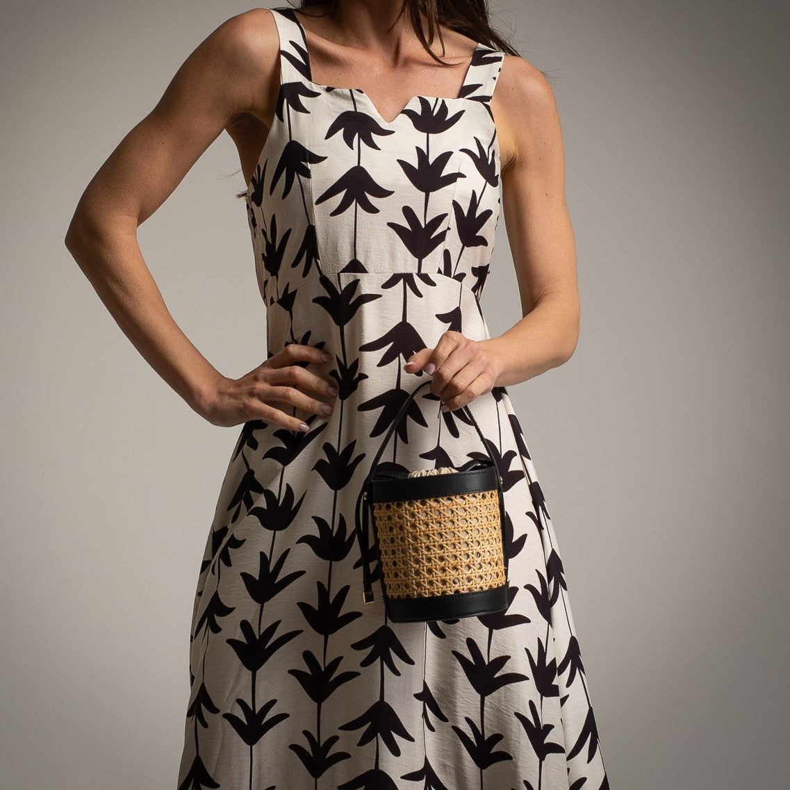 marigiou ivory white black midi dress with floral print front detail