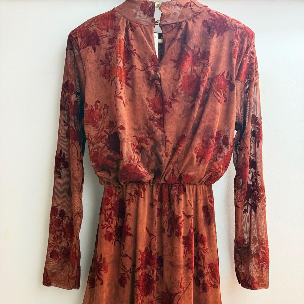 Terracotta Clay floral burnout velvet midi dress with high neck and long sleeves - front view