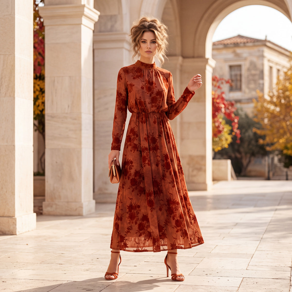 Terracotta Clay floral burnout velvet midi dress with high neck and long sleeves by MARIΓIOU