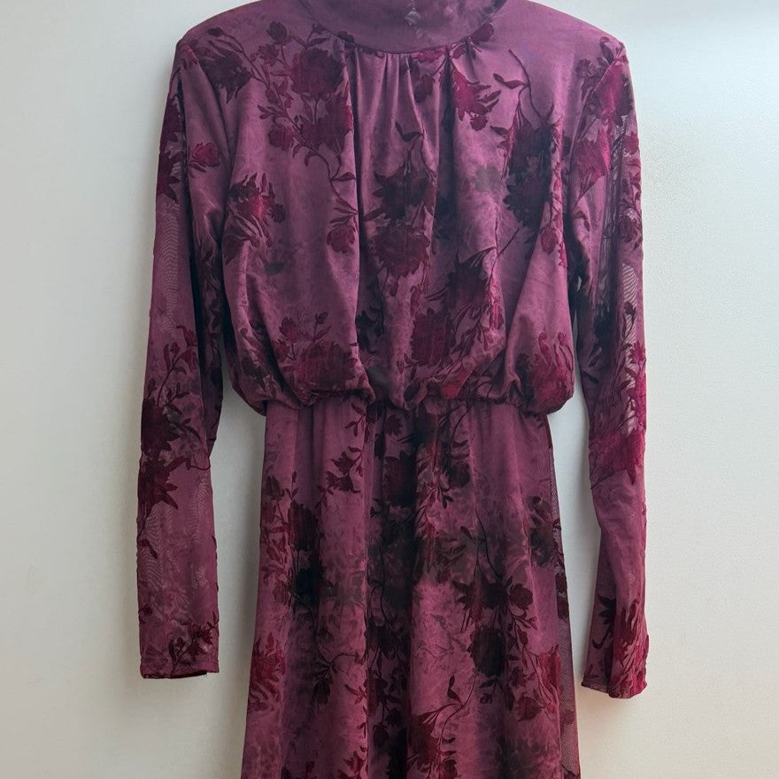 Wild Berry floral burnout velvet midi dress with high neck and long sleeves - front view