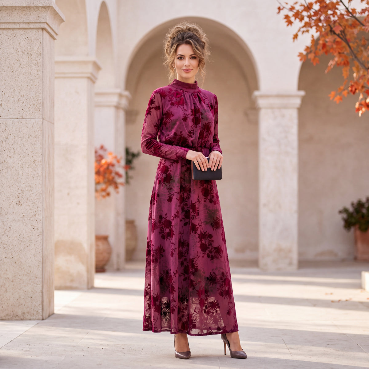 Wild Berry floral burnout velvet midi dress with high neck and long sleeves by MARIΓIOU