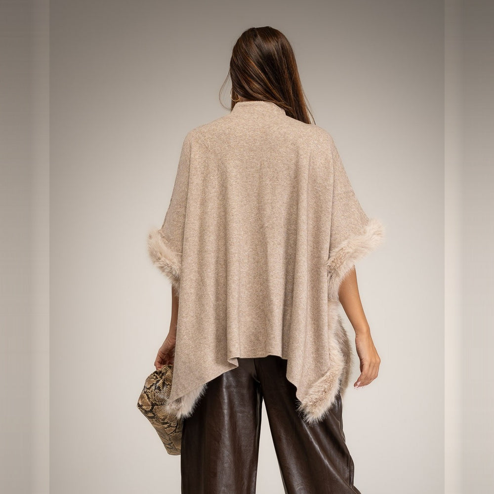 Almond Taupe knit poncho with faux fur trim and mock neck - back view