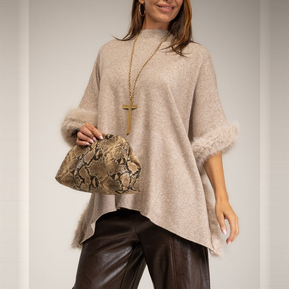 Almond Taupe knit poncho with faux fur trim and mock neck - front view