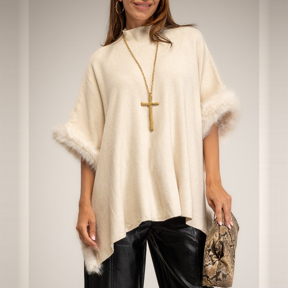 Latte Beige knit poncho with faux fur trim and mock neck - front view